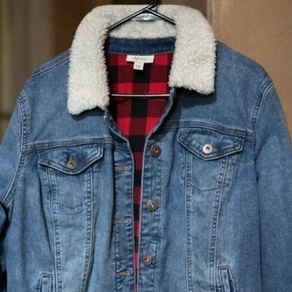 Style & Co denim jacket SZ XL loose boxy faux lamb fluffy collar grunge 90’s EUC - Picture 2 of 4